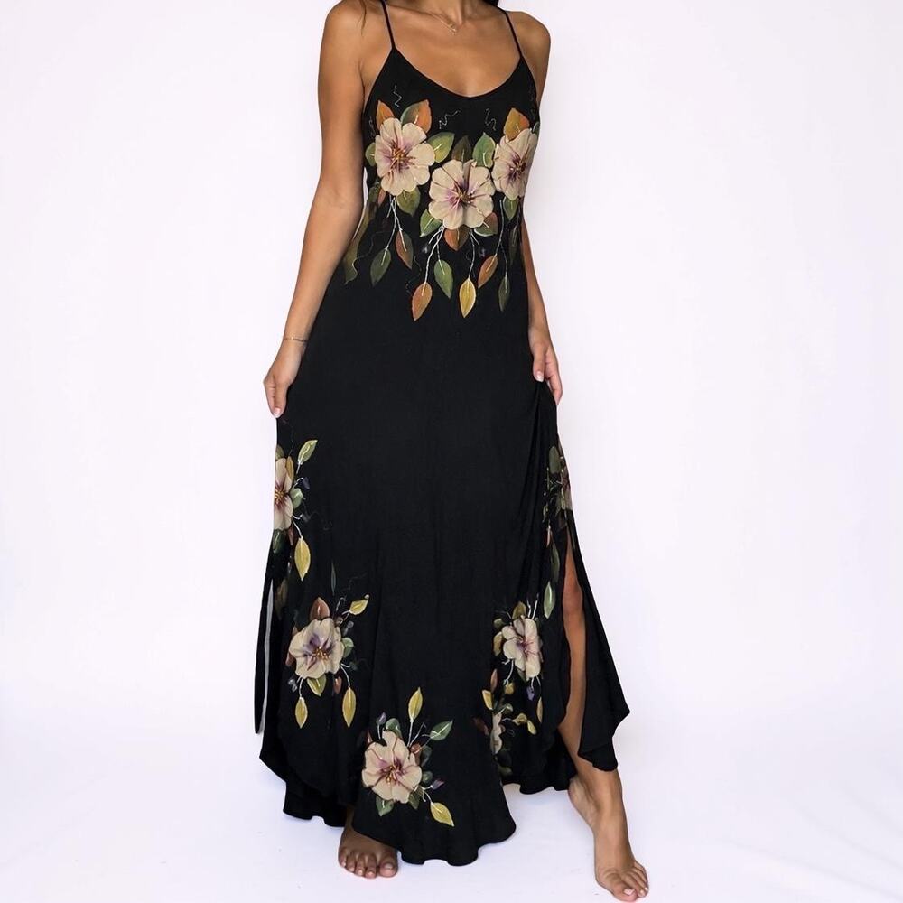 Vintage Chali Hand Painted Floral Cotton Maxi Dress Medium